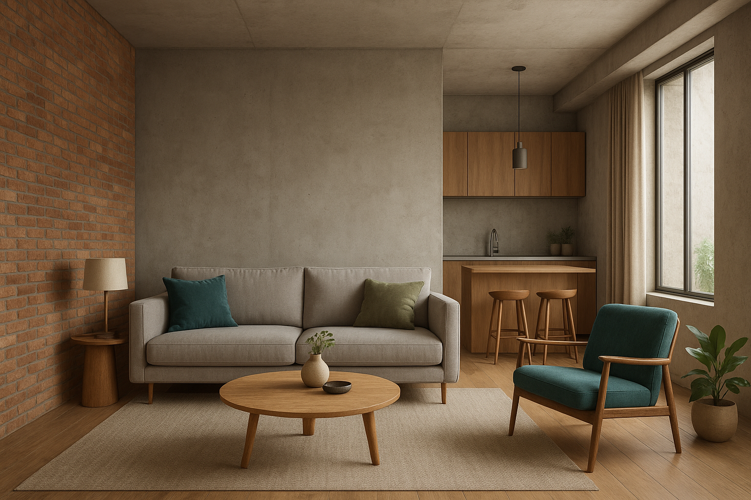 Apartamento industrial com cimento queimado e cores suaves em São Paulo